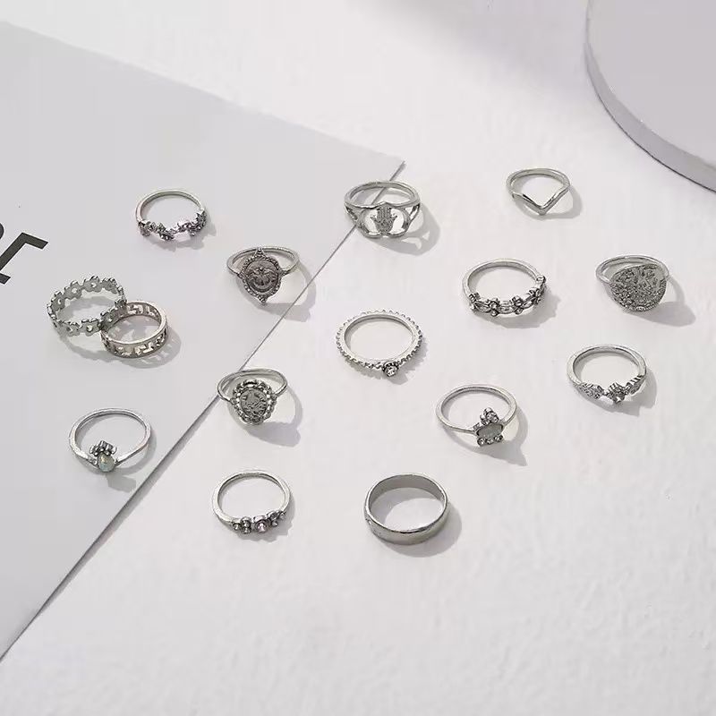 15 Retro Lady Jewelry Retro Gold-color Coins Cross Love Ring Europe And America Portrait Water Drill Ring Set Woman