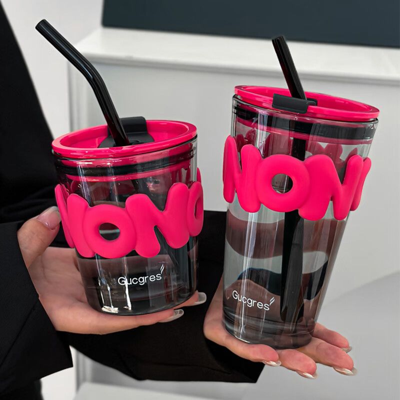 AUNONT High-colour glass cup simple ins wind water letters office double drinking straw cup drink companion gift cups