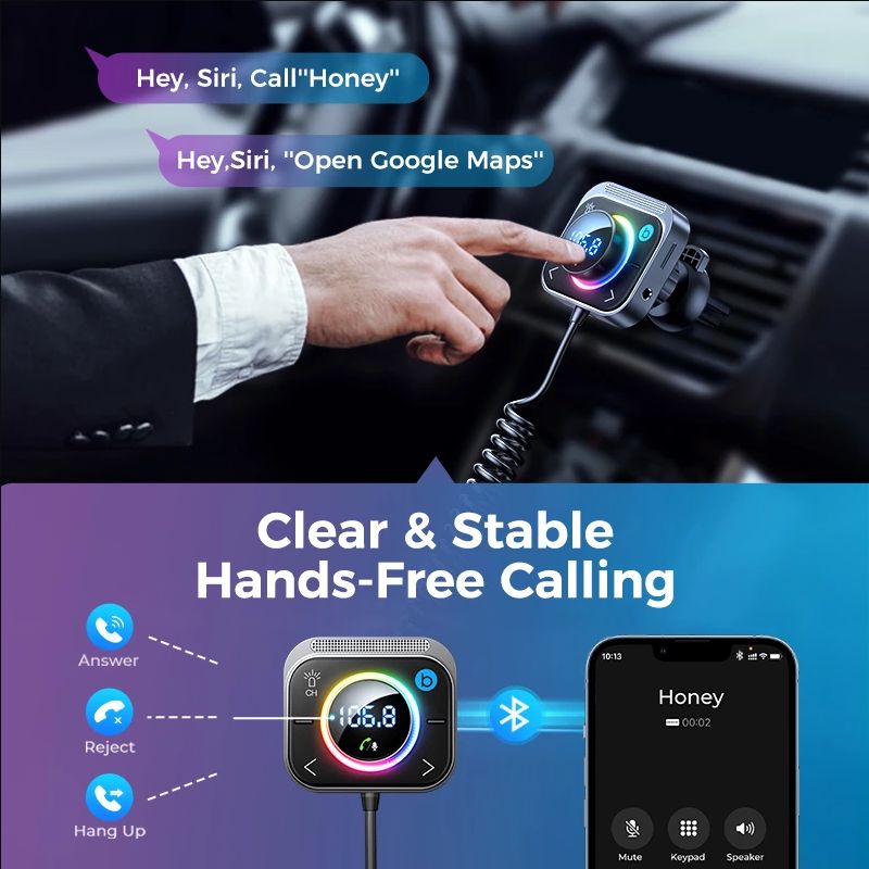Bluetooth 5.3 FM/AUX Bluetooth Car Adapter,Air Vent Installation & Bass Boost3 Ports PD&QC 3.0 FM Bluetooth Car Transmitter