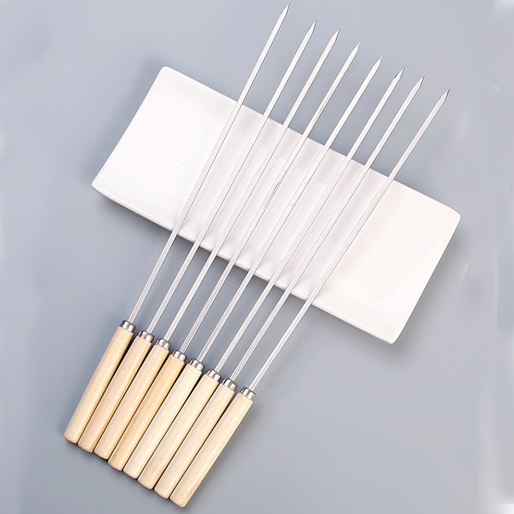 40Pcs Stainless Steel Barbecue Wooden Handle Sticks BBQ Grill Skewers Roasting Needle Sticks Outdoor Camping BBQ Picnic Tools