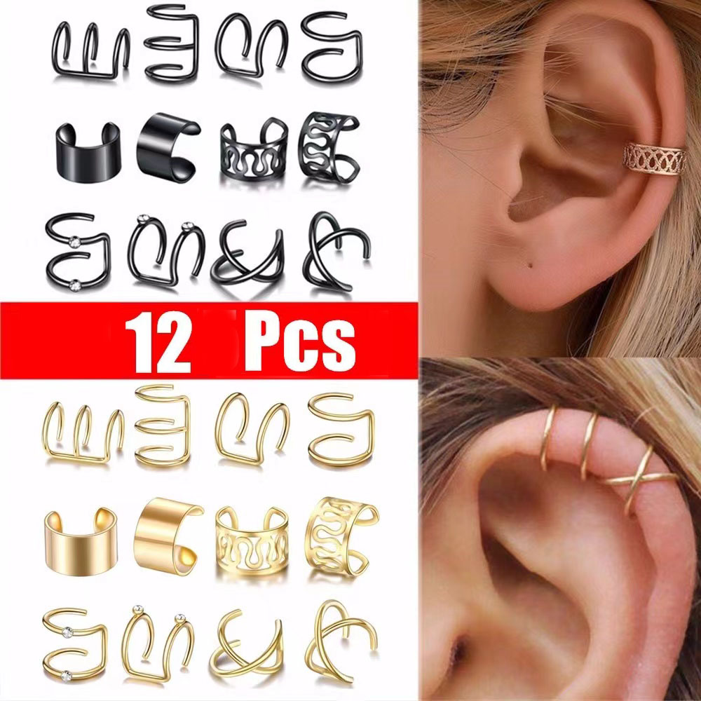 【Linhui】12 Pcs Ear Cuff, Roctee 6 Styles Cartilage Clip On Earrings Set Stainless Steel Ear Clip Fake Cartilage Earring Non Piercing Helix Cartilage Ear Clip (Gold/Black)