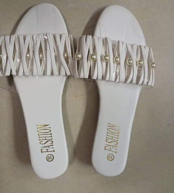 Women's outerwear fashion pearl decorative sandals flat heel ladies slippers - WHITE
