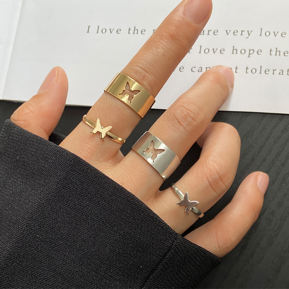 5341601 Butterfly Ring For Women Men, Couples Matching Best Friend Trendy Promise Moon Star Rings Set For Teen Girls Her Gold Plated Adjustable Finger Thumb Jewelry 2pcs