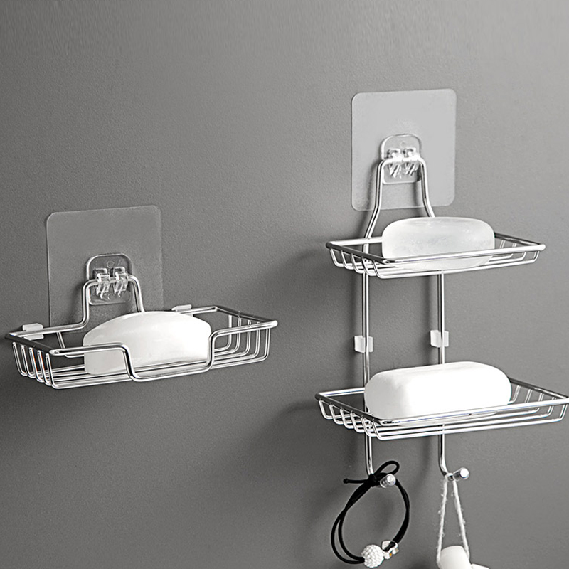 2 Tier Soap dish, Stainless steel soap holder with hook, Wall-mounted Bar Soap Sponge Holder is suitable for bathroom and kitchen, powerful non-trace adhesive No Drilling