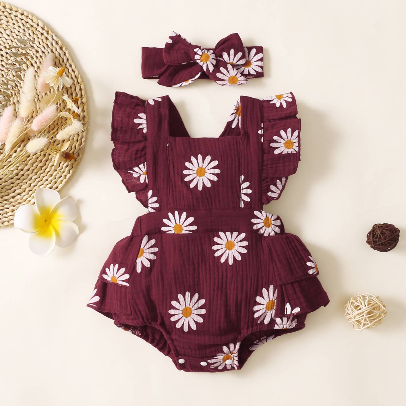 32102758 baby girls daisy playsuits ruffled bodysuit+Headband print fly sleeve romper floral jumpsuit infant summer clothes