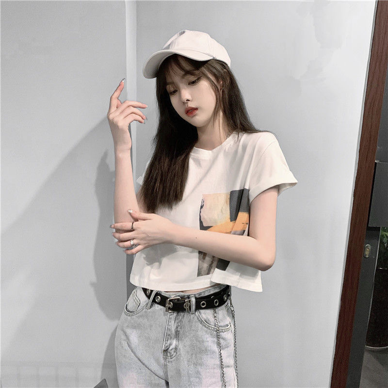986 Women's Fashion Loose Casual Print Crop Top Short Sleeve T-shirt