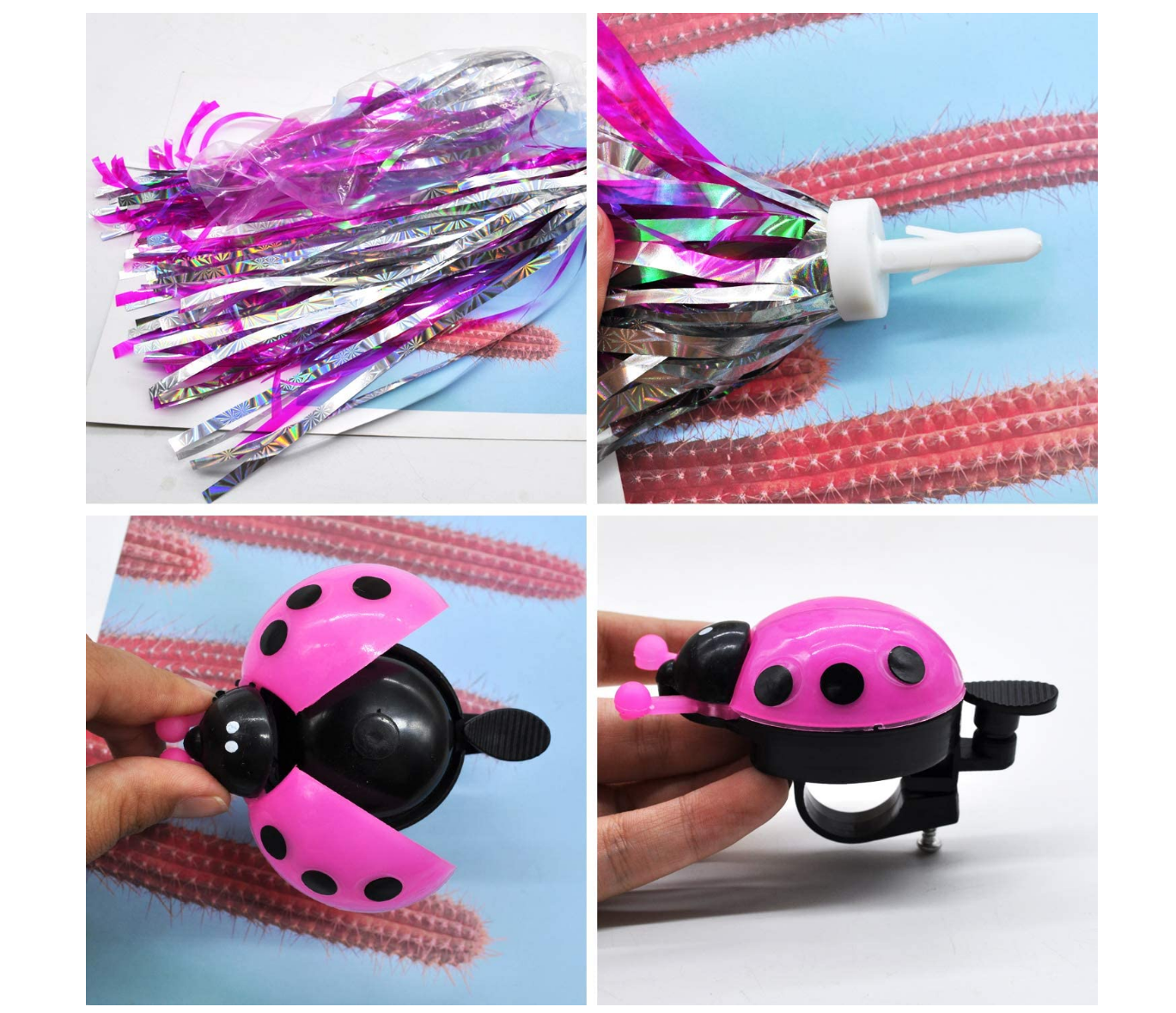 WELLHOME beifon 2 Pack Kids Bike Streamers + 1 Pack Kid's Bike Bell Bicycle Handlebar Streamers Girl's Bicyle Tassels Ribbons for Children's Bike Scooter Accessories(Colorful Pink)