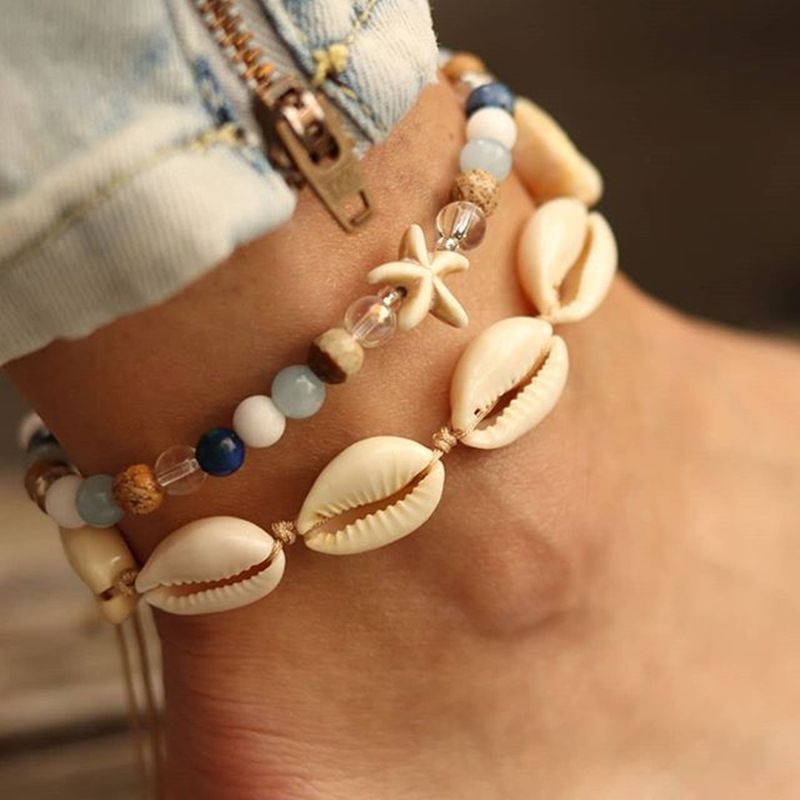 AK23Y0052 Summer Beach Women Anklet Shell Weave Chain Full of Diamond Bee Pendant Multi-Layer Anklet