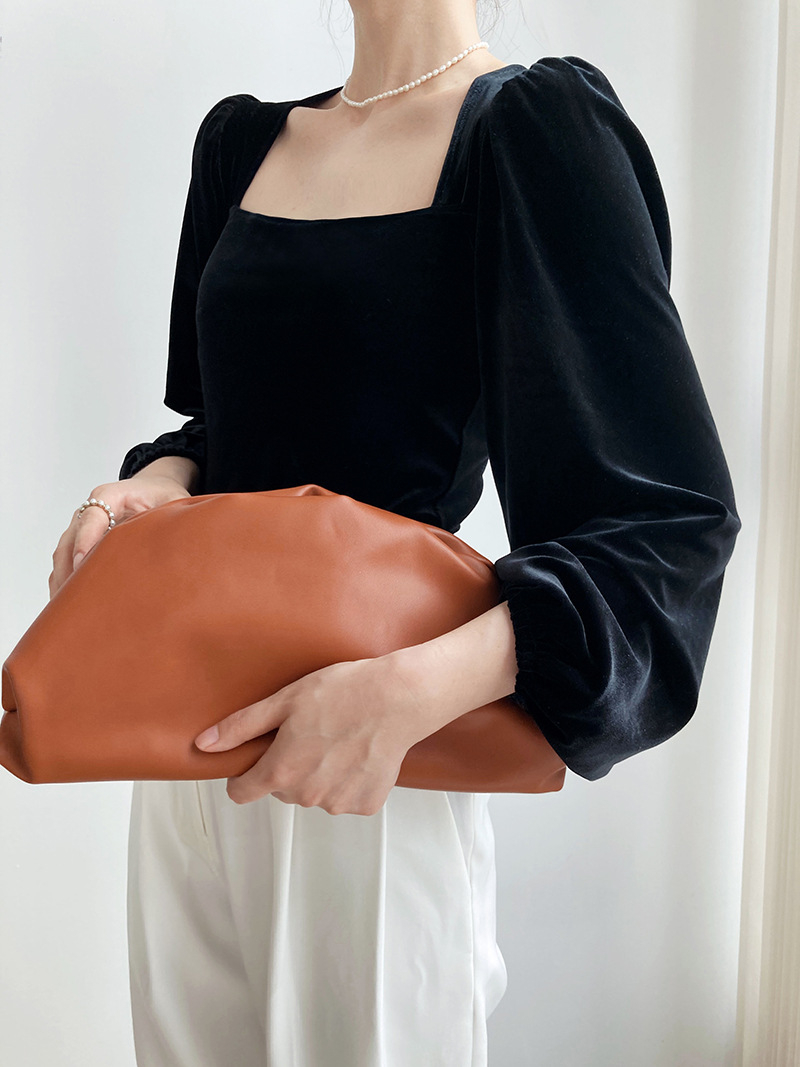 Black Long-Sleeved Golden Velvet Square Neck Shirt Light Mature Design Feel Puff Sleeve Exposed