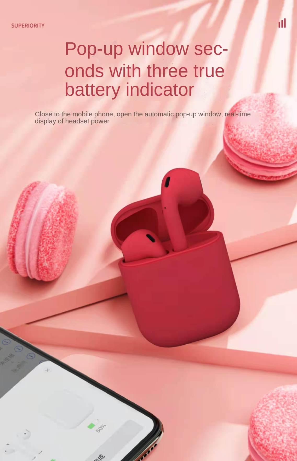 Macron INPODS12 Bluetooth headset touch in-ear Bluetooth headset mini cute (Red )