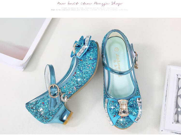 Dress Shoes Autumn New Girls' Small High-Heeled Leather Shoes Sparkling Shoe upper with Bow Decoration for Children's Dance Shoes