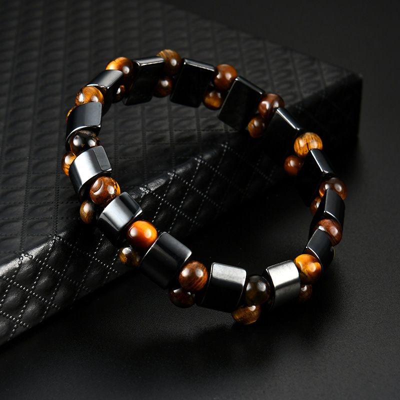 Double Row Natural Tiger Eye Stone Magnetic Bracelet, Handcrafted Polished Gemstone Beaded Wrist Jewelry With Black Hematite Magnetic Beads, Vintage Casual Stylish Unisex Bangle, Durable Comfortable Daily Wear Accessory, Minimalist Versatile Daily Outfit Wrist Chain Ornament For Daily Fashion Matching