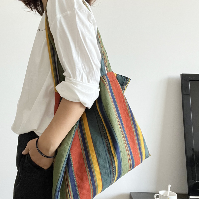 7-26-1 Women's Retro Contrast Rainbow Stripe Shoulder Bag Versatile Large Capacity Canvas Bag