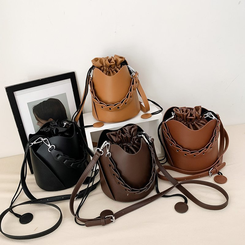 JP&A-1581 Pu Leather Lady Bucket Handbag Weave Handle Bucket Portable One Shoulder Messenger Bag Casual Women Totes Bag