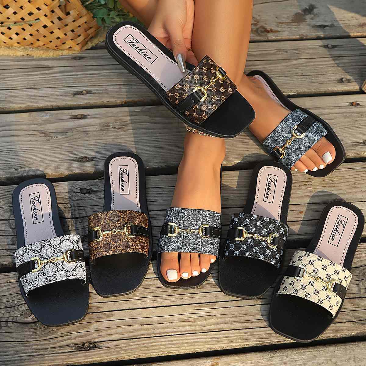 Women's Square-Toe Metal Buckle Slide Sandals, Monogram Print Slip-On Flat Slippers, Summer Open-Toe Casual Shoes, 3 Colors Available, EU Size 36-41