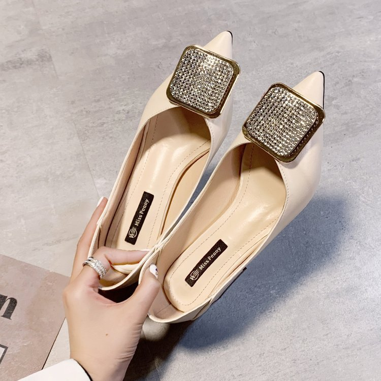 women's low heel solid color single shoes Rhinestone pointed toe girls shoes block heel comfortable shoes