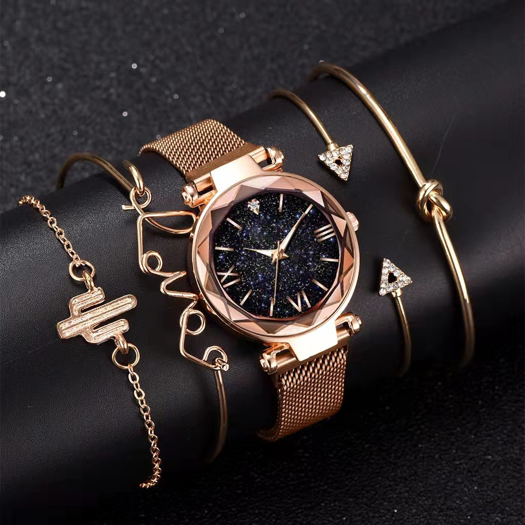women's watch set of 5 elegant girls magnetic mesh strap design quartz watch