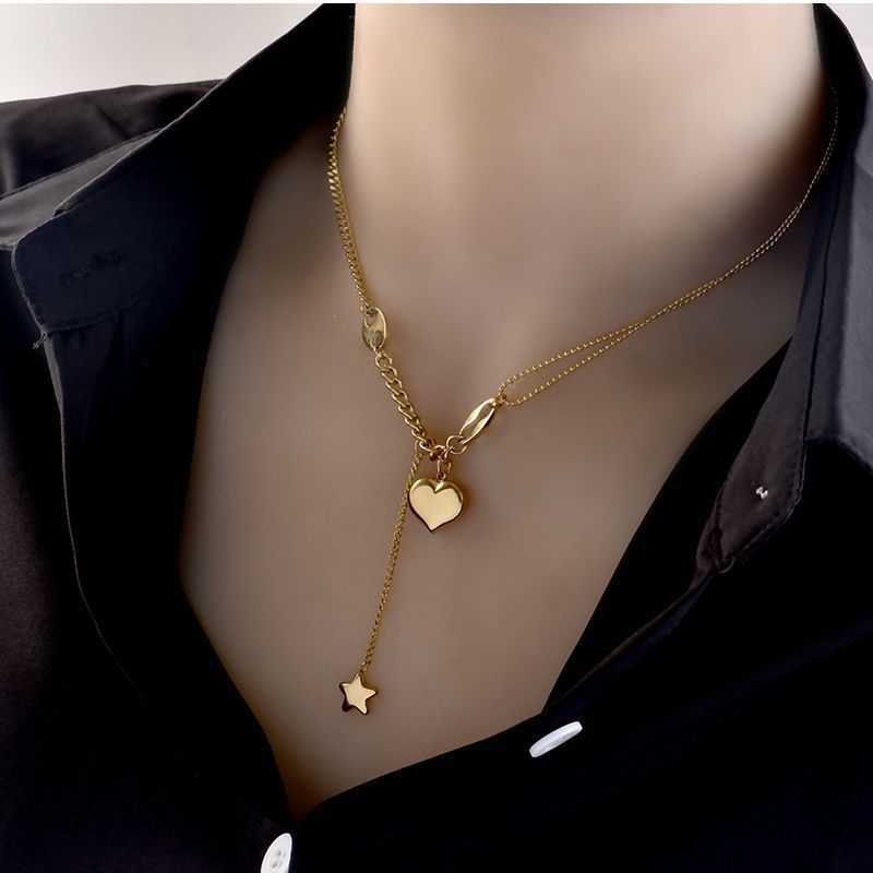 Three dimensional peach heart titanium steel necklace, five pointed star tassel chain CRRSHOP new fashion lovers necklace free shipping Holiday gifts