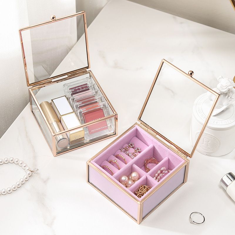 BL1004fh Jewelry Box Ring Storage Box Clear Glass Clam-Shell Portable Lipstick Storage Box Desktop Dust-proof Cosmetics Jewelry Storage Box