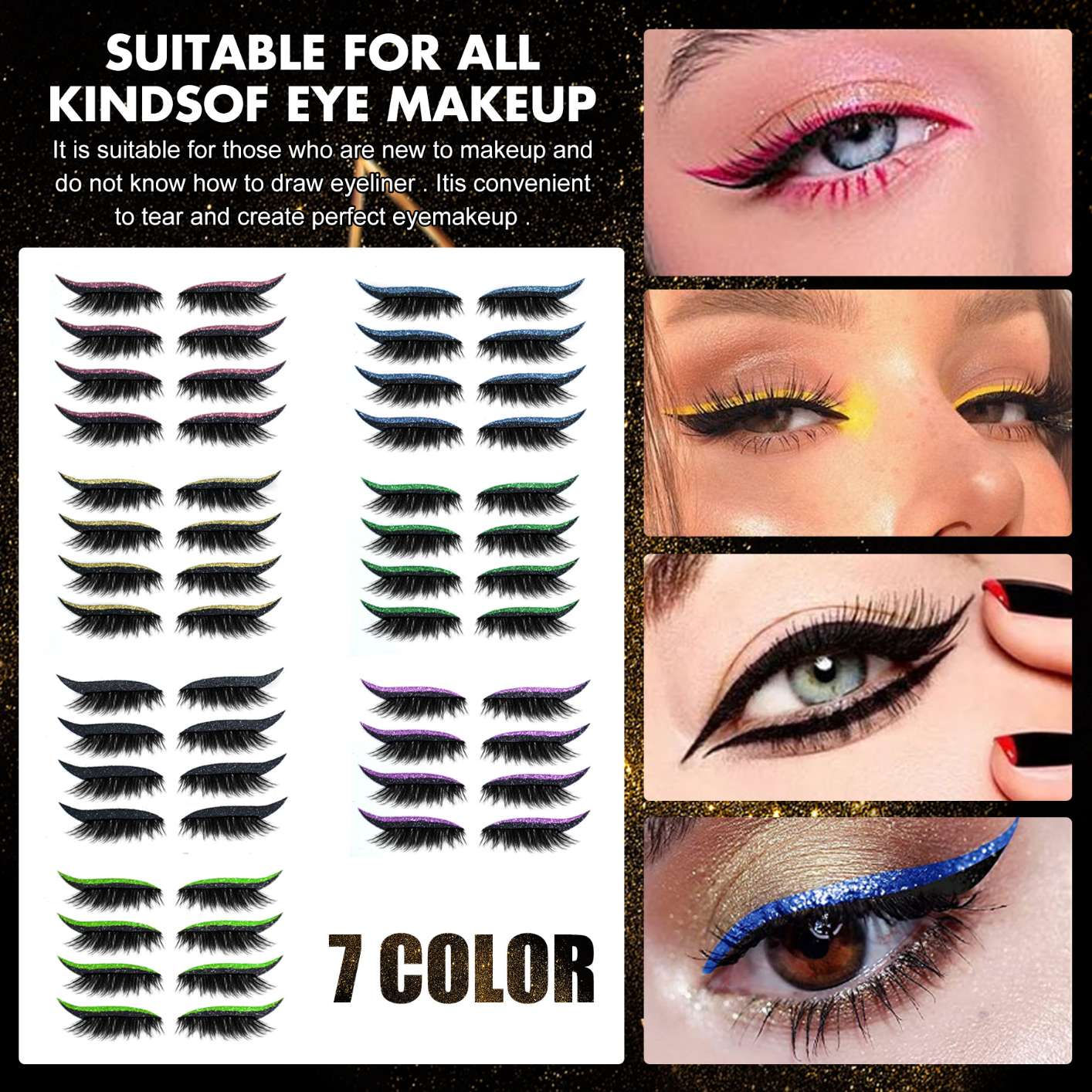 4PCS False Eyelashes,Reusable Eyeliner and Eyelash Stickers 7 Color Waterproof Reusable Eyeliner Eyelash Stickers Easy to Use and Remove,Women Make Up Eyeliner stickers