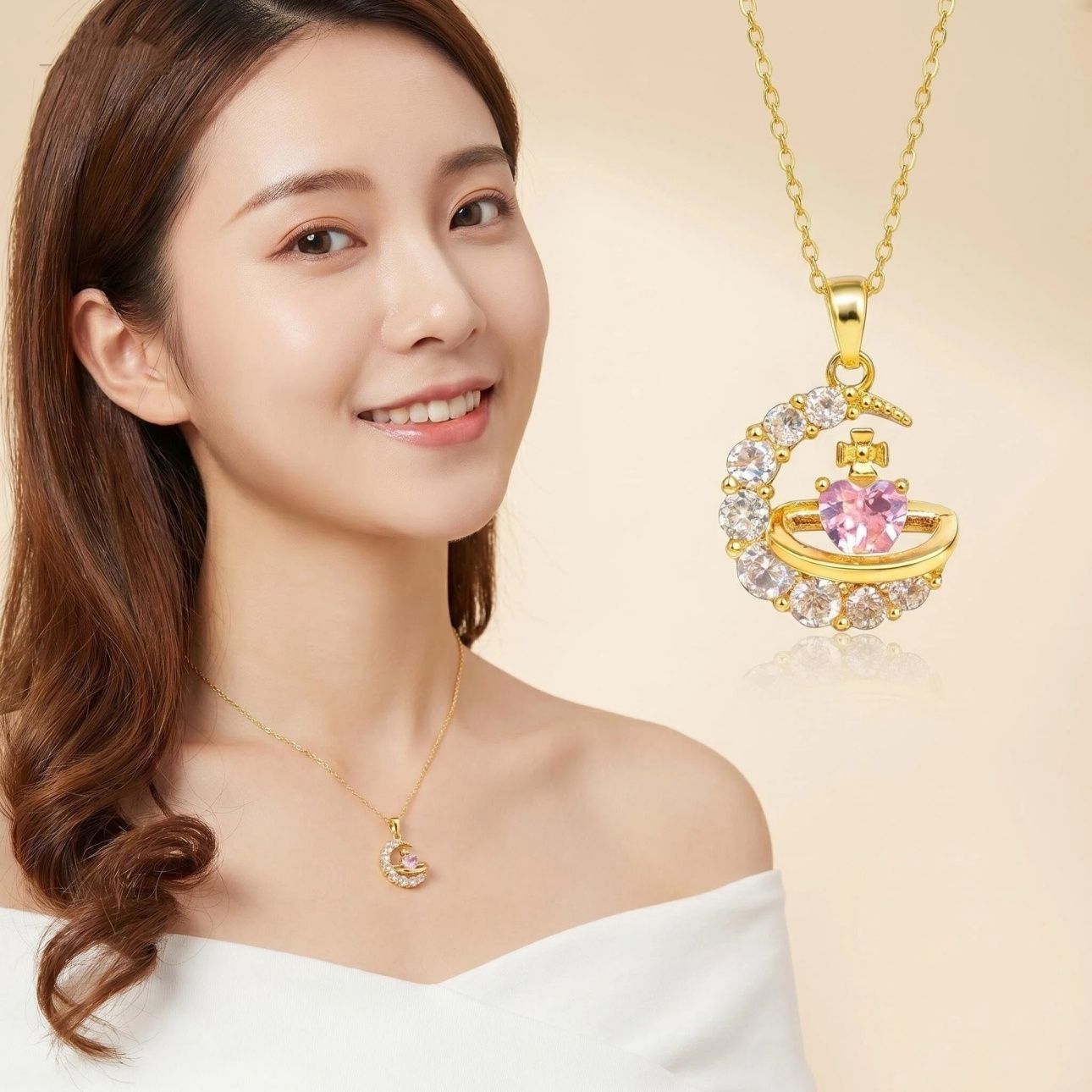 The new limited edition design women's titanium necklace features elements of stars, moons and hearts, and is adorned with sparkling zirconia. The finely polished titanium material retains its luster even when worn daily.