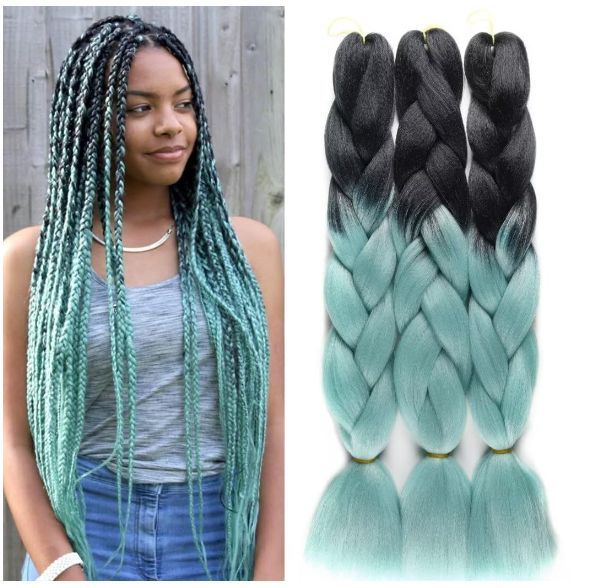 Obaasima Strands OS Ombre Braiding Hair 82" BY16 For Braid And Rasta / Black / Mint Green