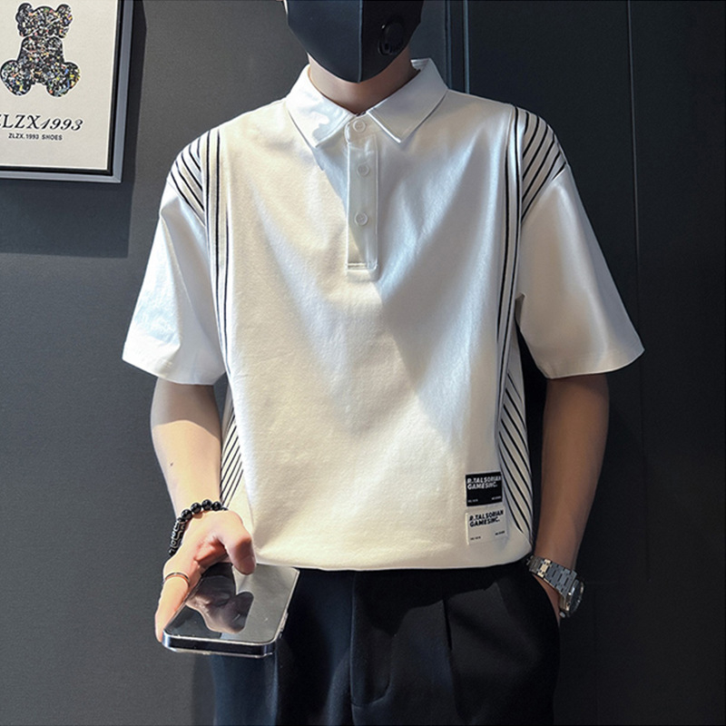 3032 Men's Black and White Striped Lapel Polo Shirt Loose Short Sleeves Summer