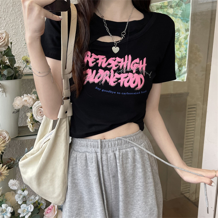 WYP-6791 Women's Fashion Loose Cutout Design Sense Printed Slim Slim Cropped T-shirt