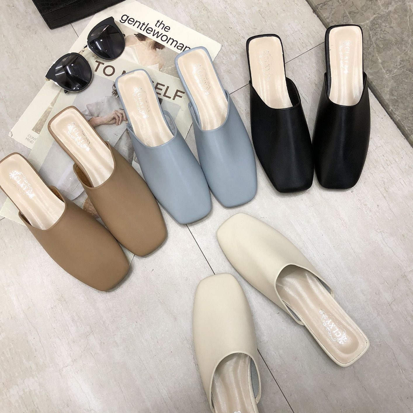 Female Shoes Loafers Square Toe Mules For Women Slippers Flat Slides Shallow New Cover Retro Basic PU Spring Rubber