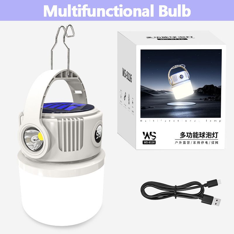 Multifunctional camping light outdoor light with LED battery display with solar charging 4 levels adjustable brightness rechargeable waterproof