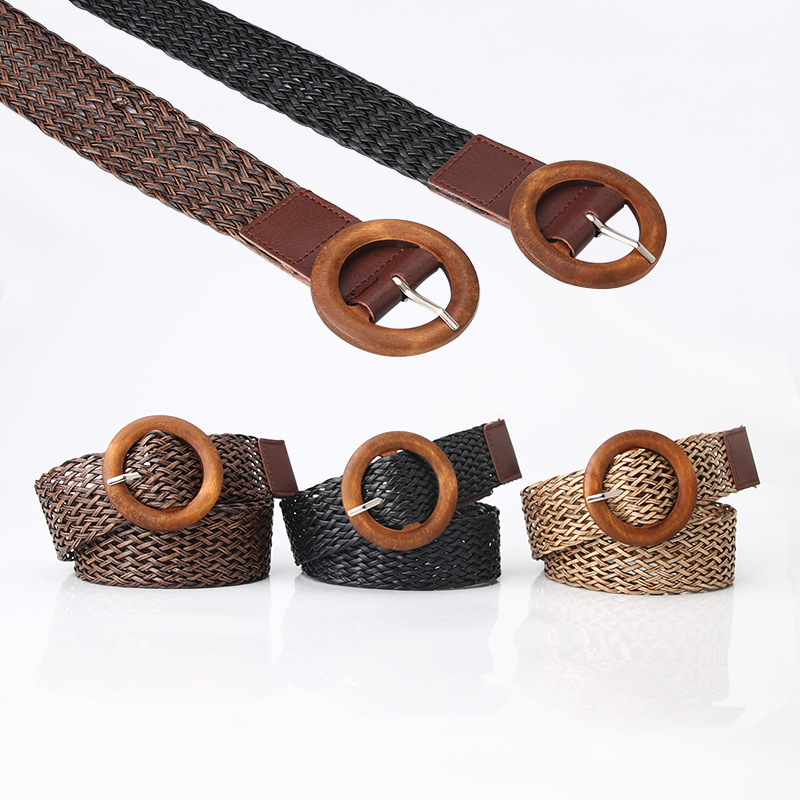 723 Casual Elastic Straw Woven Western Women Braided Belt with Wooden Buckle