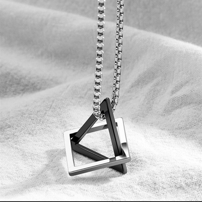 KEDOUXIN Necklace male tide female hip-hop ins cold wind simple niche design sense men do not lose color sweater chain pendant silver and black triangle square pendant + keel chain
