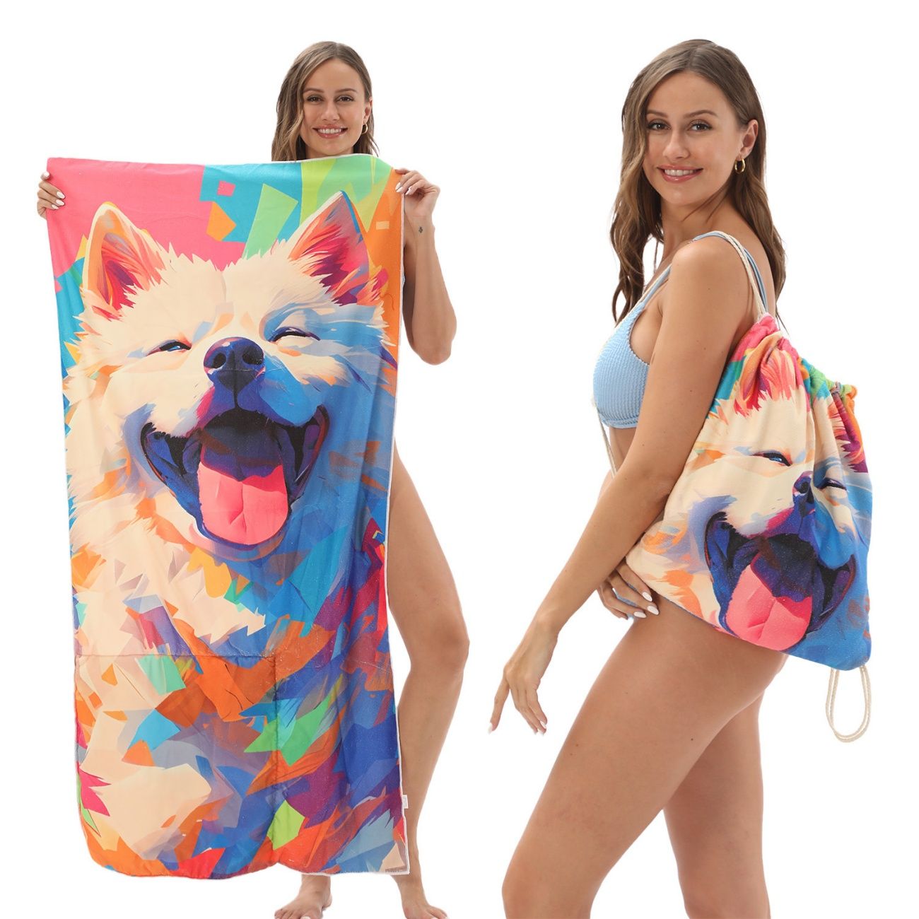 2-in-1 Foldable Printed Beach Towel Multifunctional Integrated Beach Blanket Portable Storage Pack Soft Absorbent Bath Towel For Outdoor Travel Swimming