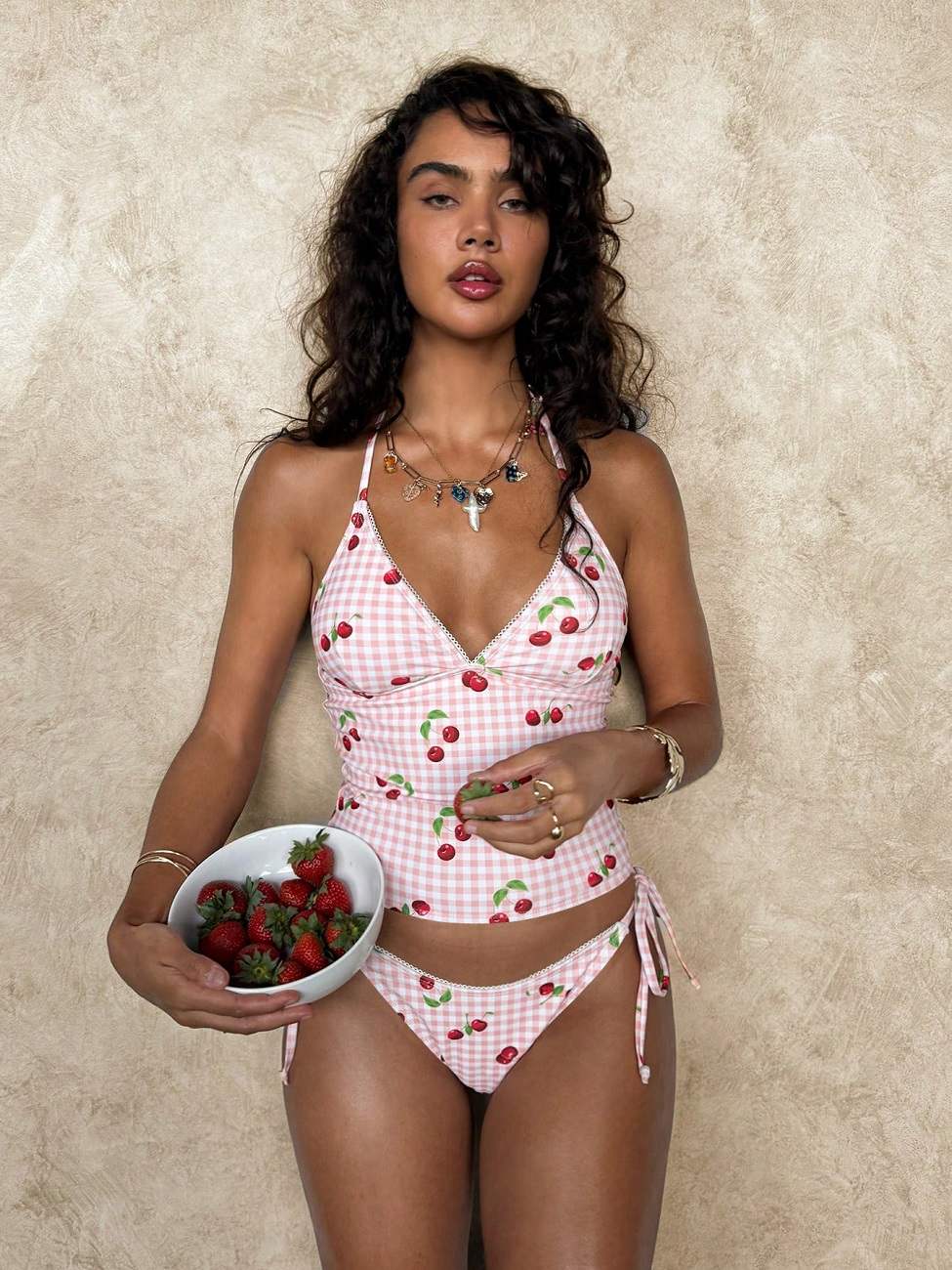 Women's Cherry Print Halter Tankini Set, Ruched Two-Piece Swimsuit with Tie-Side Bottom, V-Neck Top, S-XL Sizes, 167g Lightweight Swimwear for Beach & Vacation
