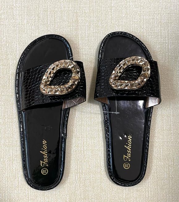 Women's leather gold ring design outdoor fashion trend, slip-on, light-weight flat  sandals slippers