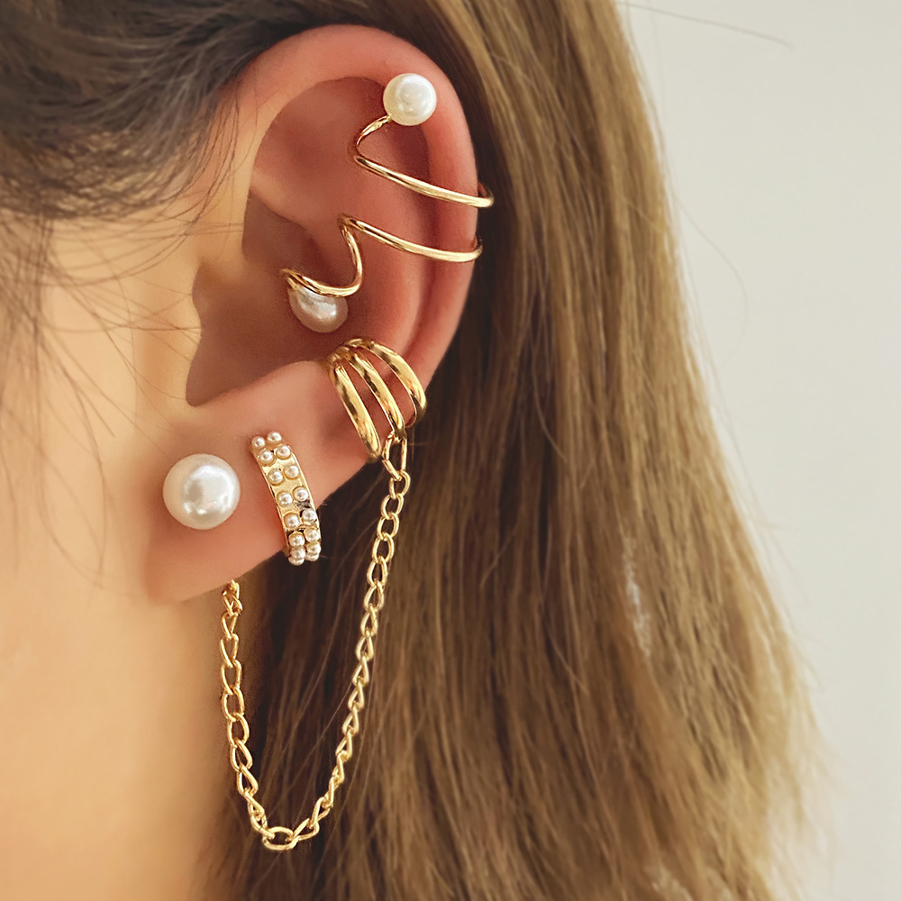 EJ-22 Women's New Niche Pearl Tassel Ear Bone Clip Chain Alloy Ear Clip 7-Piece Set