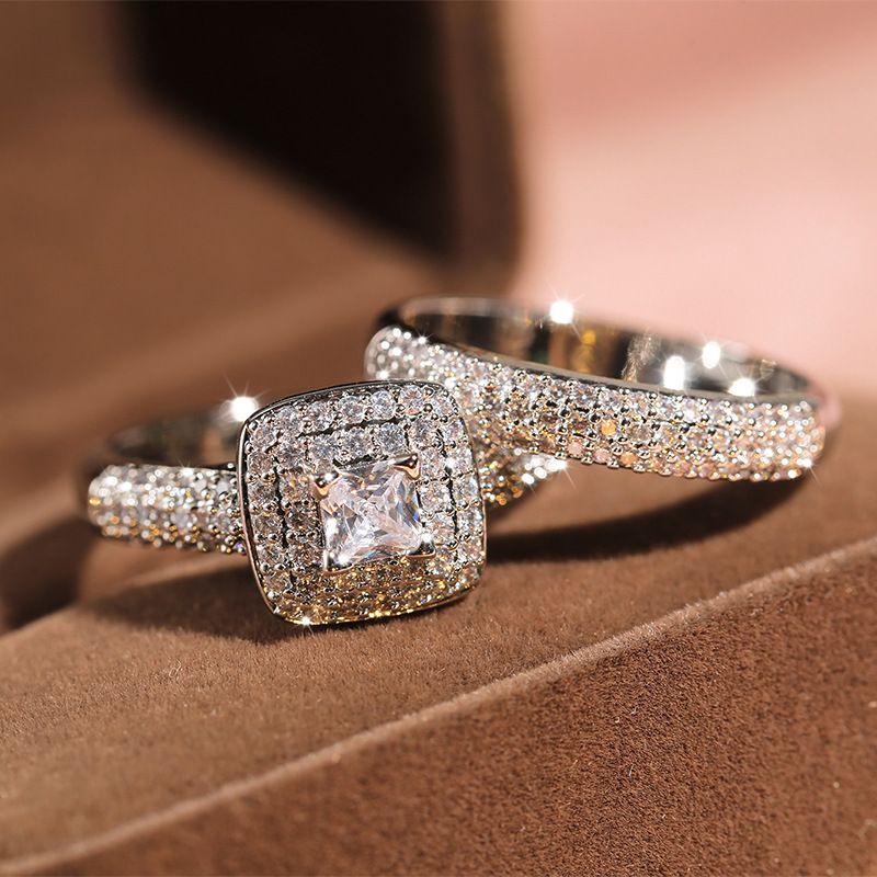 Silver Plated 2-Piece Bridal Ring Set, Princess Cut CZ Halo Engagement & Wedding Band for Couples, Full Paved Simulated Diamond Promise Rings in Multiple Sizes
