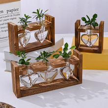 Creative wooden frame hydroponic small vase ins green ivy plant glass bottle container home living room office desktop decoration