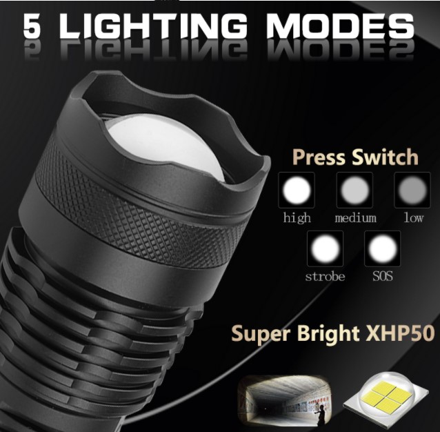 Adjustable Flashlight Strong Light Rechargeable LED Torch 18650 or 26650 Battery Zoom 5 Modes Outdoor Camping Emergency

