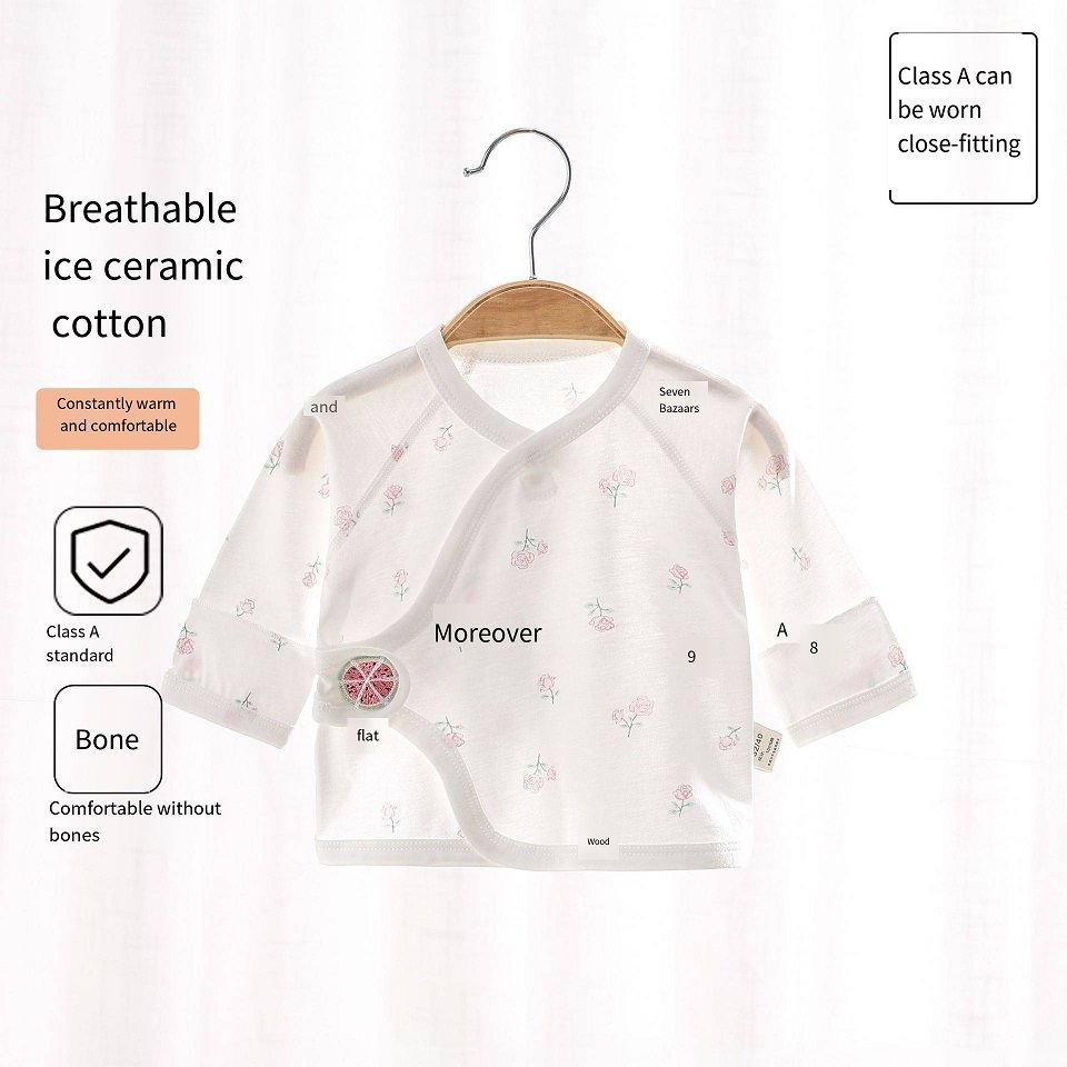 Newborn Ice Ceramic Cotton Kimono Top, No Bone Stitching Baby Half-Back Shirt, Breathable Wrap-Around Top with Magic Tape, Double Belly Protection, 52-59cmb