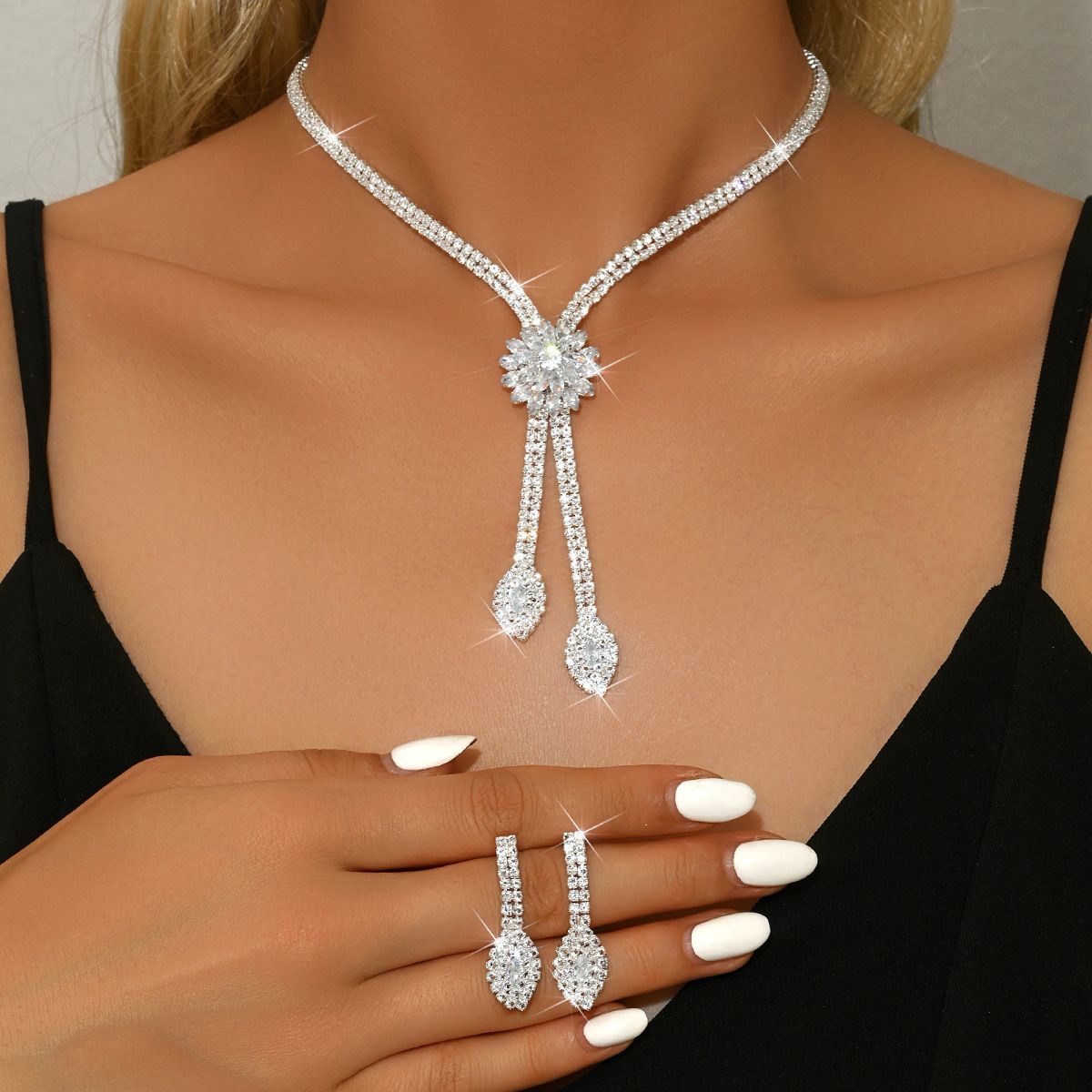 Luxury Dainty Floral Cubic Zirconia 2Pcs Necklace Earrings Jewelry Set Adjustable 27.5cm+18cm Extension Chain Sparkly Full Paved Crystals Silver Plated Eco-friendly Alloy Elegant Bridal Accessories Versatile Wedding Gown Banquet Evening Prom Outfit Decor Chic Women Formal Fashion Holiday Gift Ornaments
