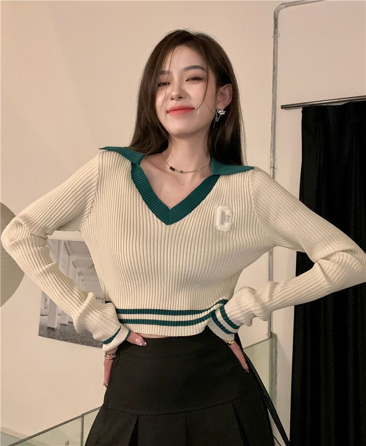 2638#DL Women's Autumn New Long-Sleeved Cropped Top, Lapel Letter Top