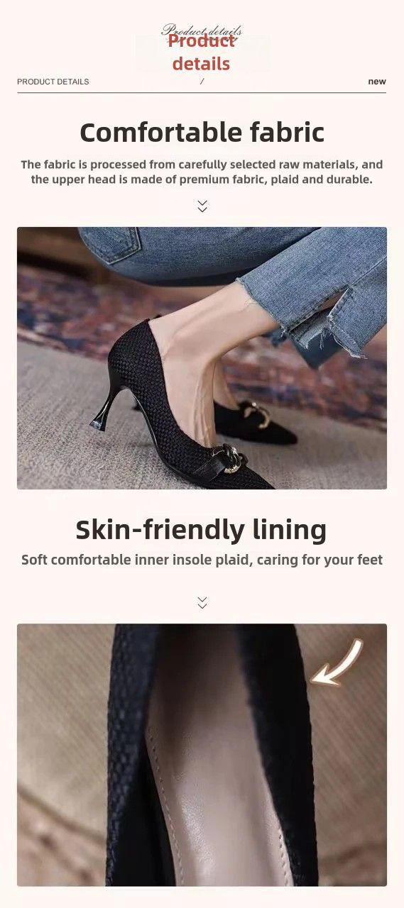 New Women's Single Shoes,High Heels,with Metal Chain, Niche and Versatile, Shallow Mouth, Stiletto Heel, Pointed Toe. Pointed Toe and Versatile Single Shoes for All Seasons with Stiletto Heel and Breathable Soft Leather for Professionals.Size 37-41.