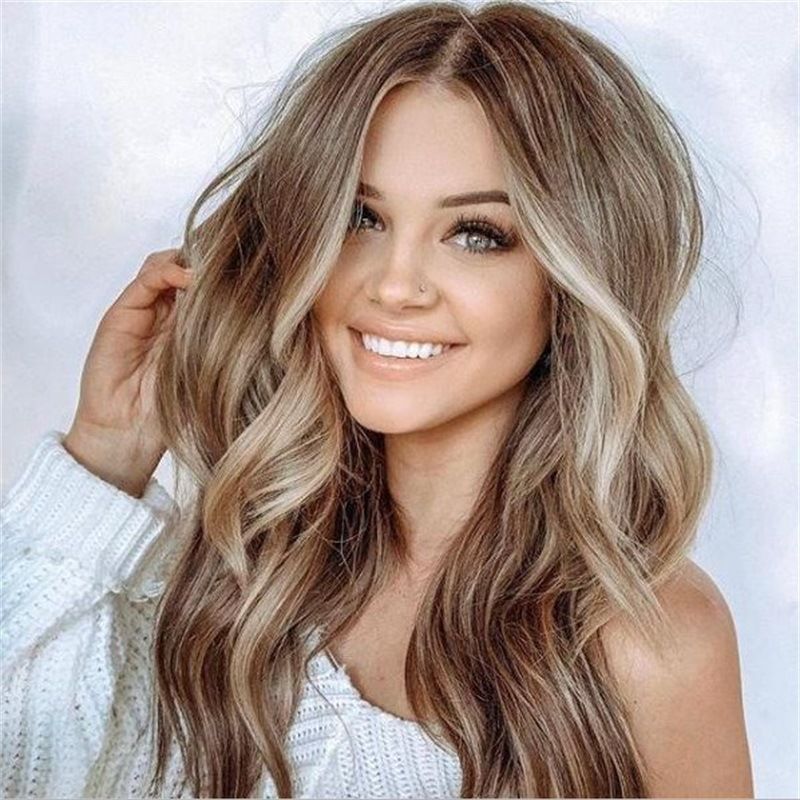 New Arrival European American Style Long Curly Wig, features trendy gradient brown tone with natural highlight design for realistic hair texture. Equipped with stylish long bangs and elegant water wave big wavy texture