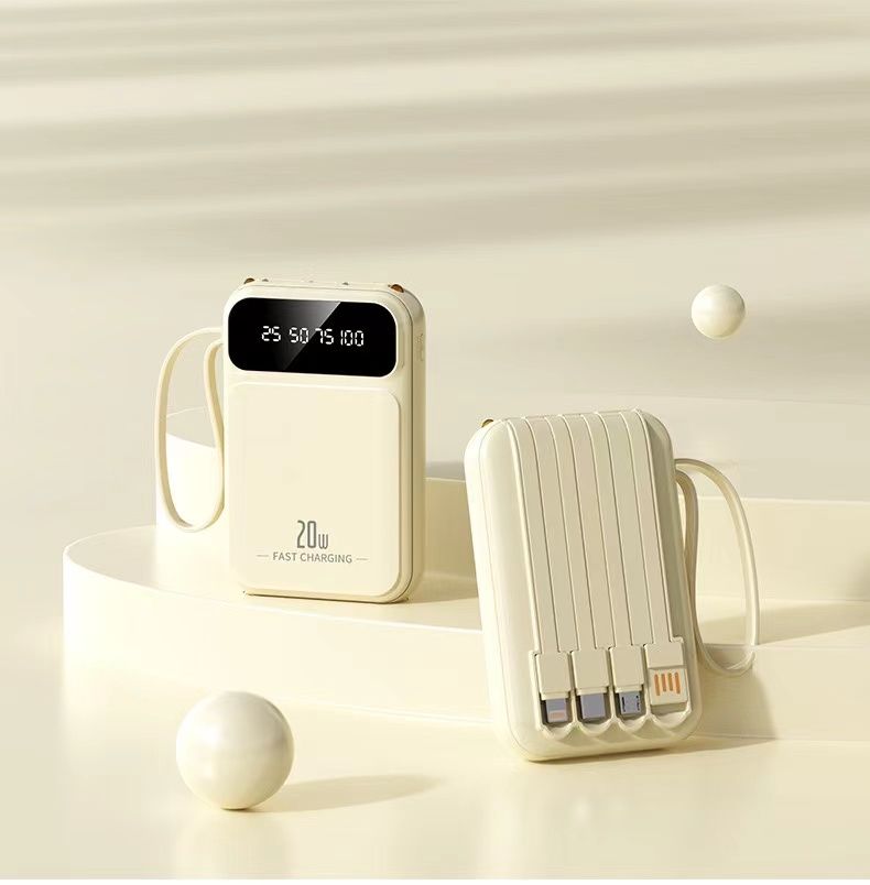 Portable Charger 20000mAh 5V/2.1A LED Display 4 in 1 High-Speed Power Bank Self Wired Power Supply Battery Pack Fashionable Design 