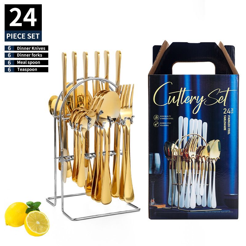24 Pieces Service Cutlery Set with Stand for 6 People Stainless Steel Knife Fork Spoon Hanging Flatware Set,Reusable Easy Clean & Dishwasher Safe