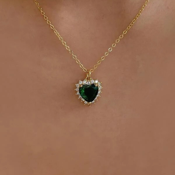 54818 Love Heart Pendant Necklaces Simulated Birthstone Crystals Cubic Zirconia 18K Gold Rope Chain Dainty Charm Birthday Valentine Mother's Day Jewelry for Women Girls