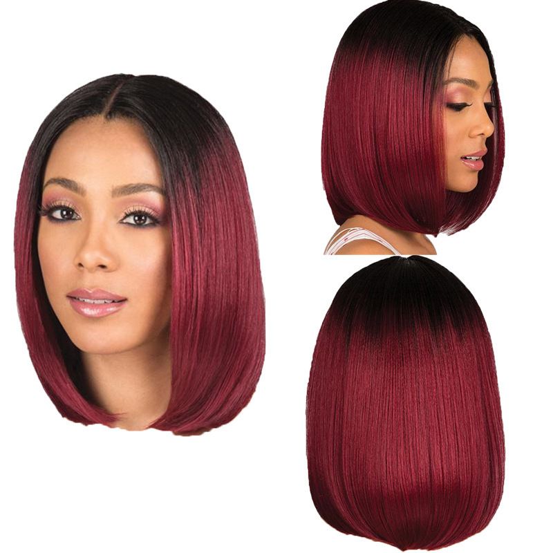 Ombre Burgundy Straight Bob Wig for Women, Black to Red Synthetic Hair Wig, Middle Part Heat Resistant Fiber, Natural Looking Short Bob Wig for Daily Wear & Party Use