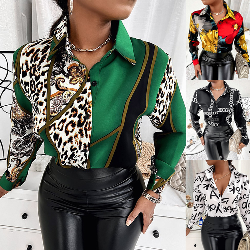 W9947 Women's Spring and Autumn Lapel Print Shirt Long Sleeve Button Top