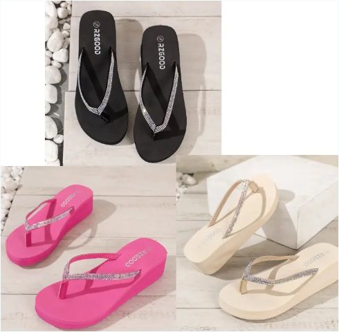 Wedge Slippers for Ladies-Waterproof Rhinestone flip flops slippers ladies
